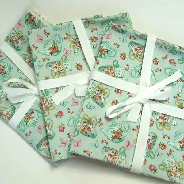 Green Teapot and Teacups Bundle, Rose & Hubble Cotton Fat Quarter Pack