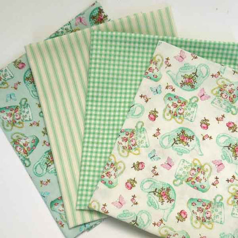 Green Teapot and Teacups Bundle, Rose & Hubble Cotton Fat Quarter Pack