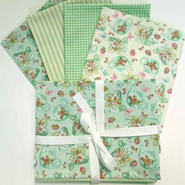 Green Teapot and Teacups Bundle, Rose & Hubble Cotton Fat Quarter Pack