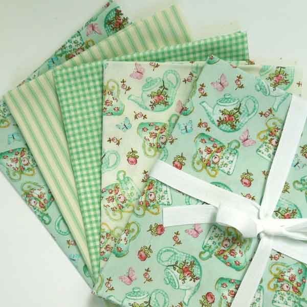 Green Teapot and Teacups Bundle, Rose & Hubble Cotton Fat Quarter Pack