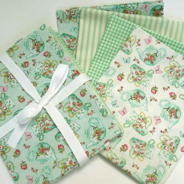 Green Teapot and Teacups Bundle, Rose & Hubble Cotton Fat Quarter Pack