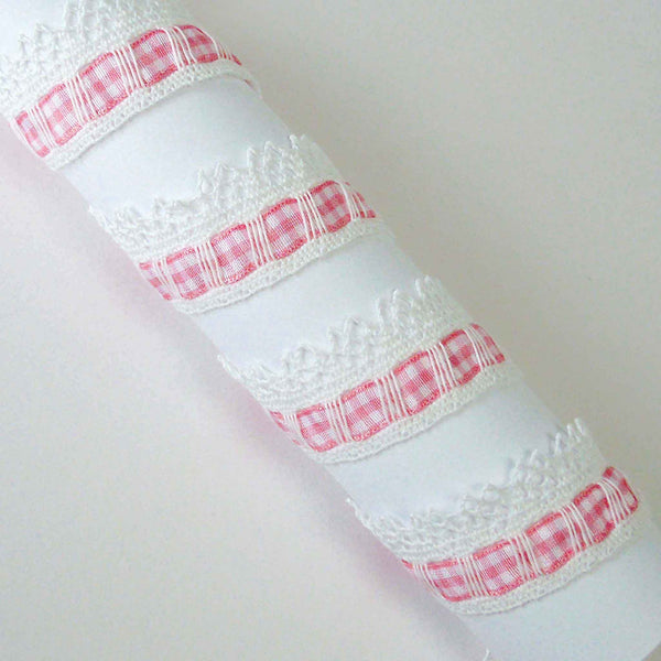 30mm White Cotton Lace with Gingham Ribbon Insert - Pale Pink