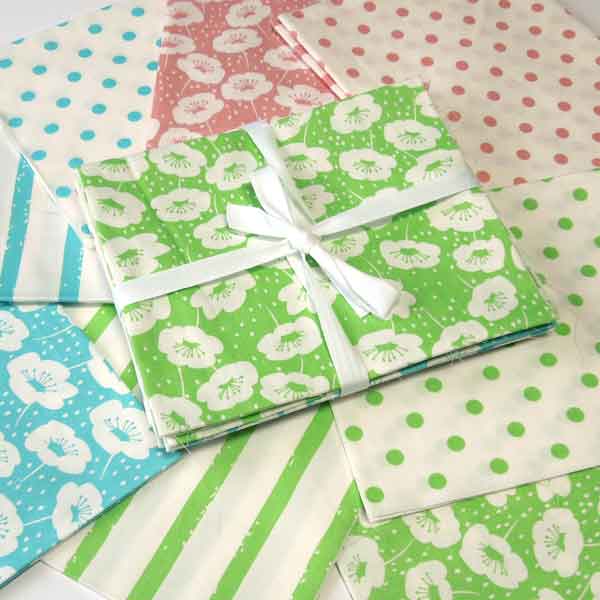 Fat Quarter Pack, Flowers, Stripes Polka Dot, 6 Green, Blue and Pink Patterned