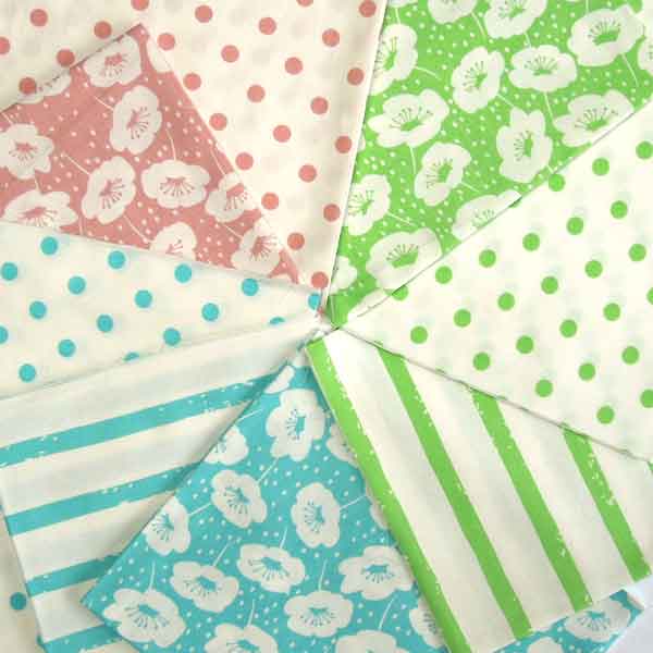 Fat Quarter Pack, Flowers, Stripes Polka Dot, 6 Green, Blue and Pink Patterned