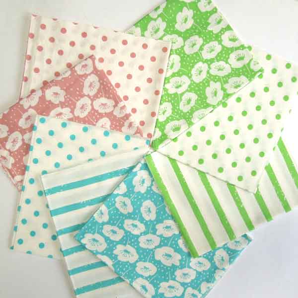 Fat Quarter Pack, Flowers, Stripes Polka Dot, 6 Green, Blue and Pink Patterned