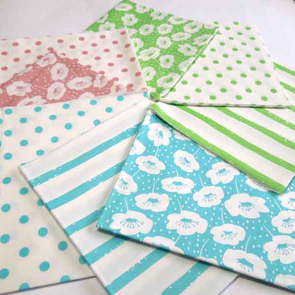 Fat Quarter Pack, Flowers, Stripes Polka Dot, 6 Green, Blue and Pink Patterned