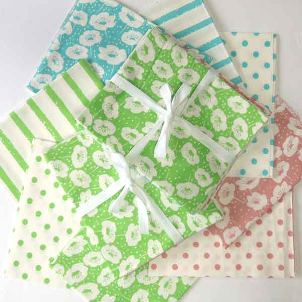 Fat Quarter Pack, Flowers, Stripes Polka Dot, 6 Green, Blue and Pink Patterned