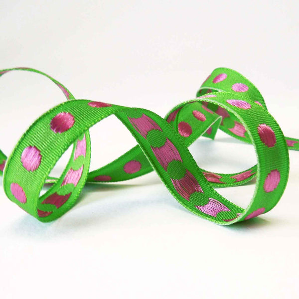 10mm Green and Bright Pink Polka Dot Ribbon on Wooden Bobbin - 2 Metres