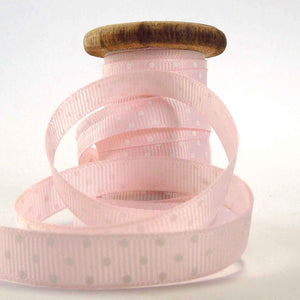 10 mm Pale Pink Polka Dot Ribbon on Wooden Bobbin - 3 metres