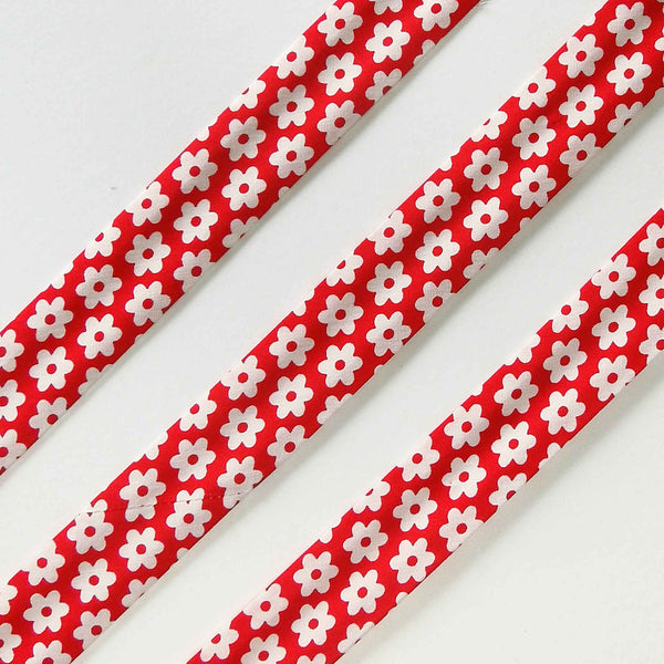 25mm Cotton Bias Binding White Daisy on Red - Single Fold