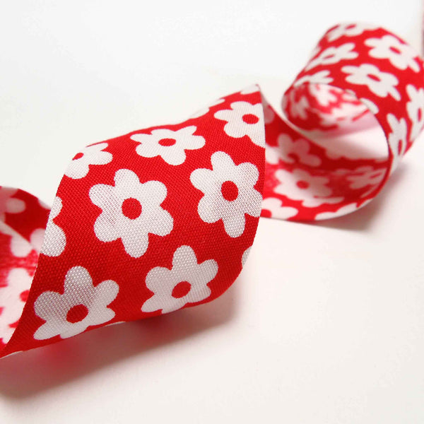 25mm Cotton Bias Binding White Daisy on Red - Single Fold