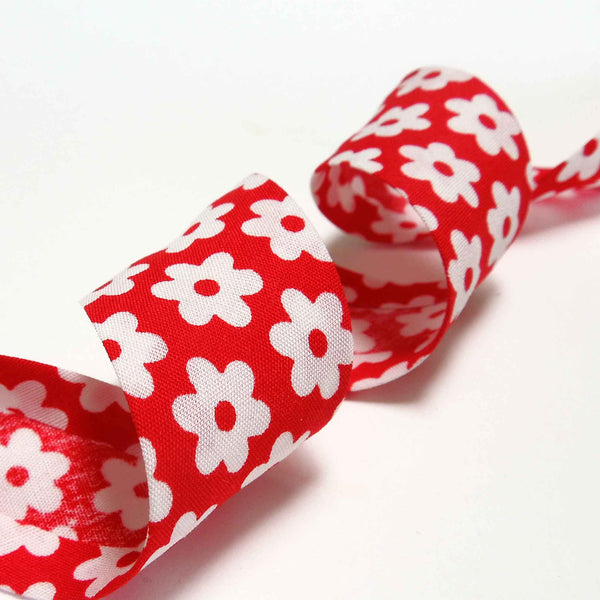 25mm Cotton Bias Binding White Daisy on Red - Single Fold