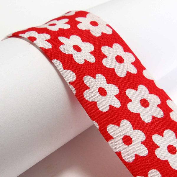 25mm Cotton Bias Binding White Daisy on Red - Single Fold