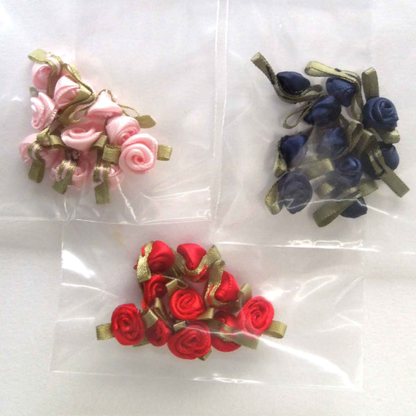 20mm Ribbon Roses Navy Blue with Green Leaves Small - Pack of 10