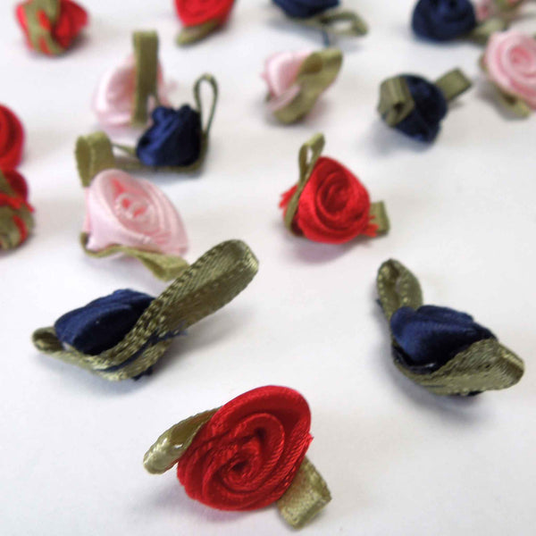 20mm Ribbon Roses Navy Blue with Green Leaves Small - Pack of 10