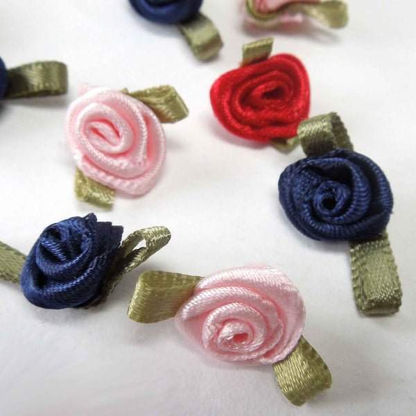 20mm Ribbon Roses Navy Blue with Green Leaves Small - Pack of 10