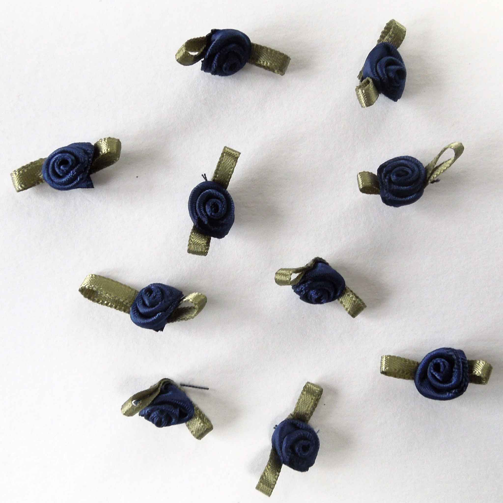 20mm Ribbon Roses Navy Blue with Green Leaves Small - Pack of 10