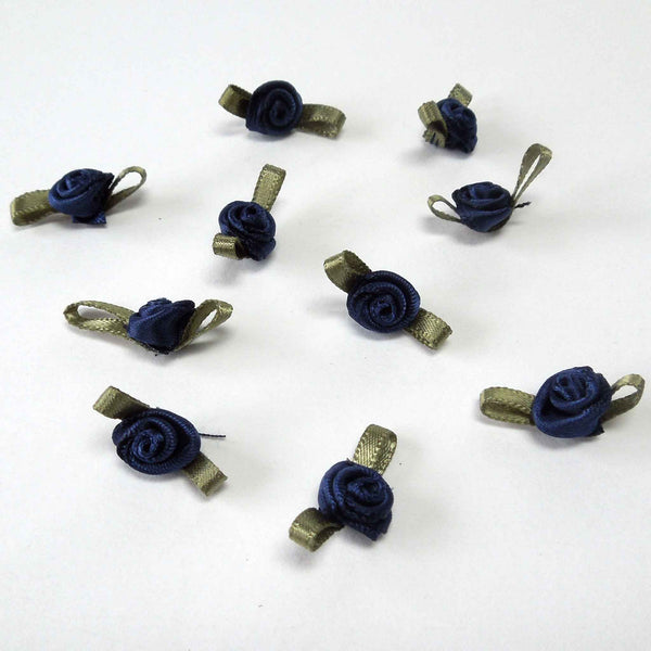 20mm Ribbon Roses Navy Blue with Green Leaves Small - Pack of 10