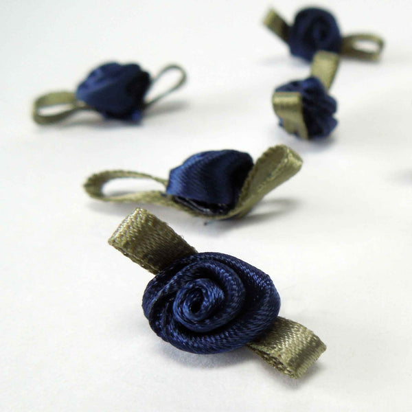 20mm Ribbon Roses Navy Blue with Green Leaves Small - Pack of 10