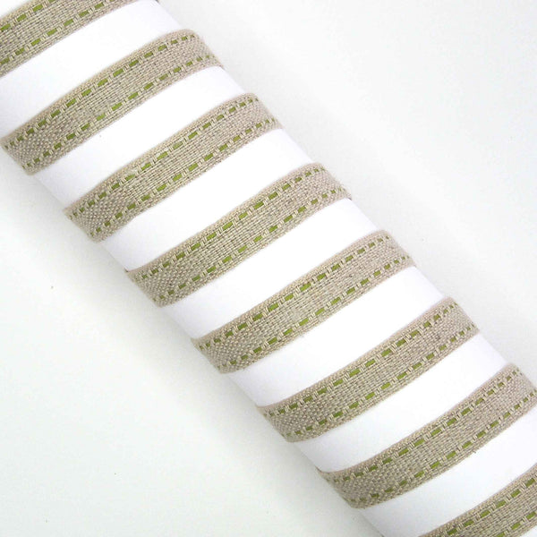 Top Stitched Linen Ribbon Green and Natural La Stephanoise - 10mm