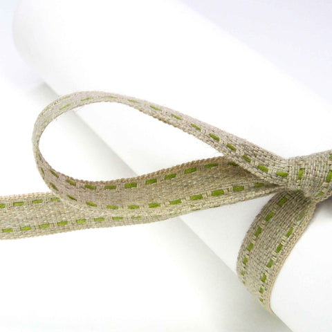 Top Stitched Linen Ribbon Green and Natural La Stephanoise - 10mm