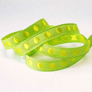 10mm Light Green and Yellow Polka Dot Ribbon on Wooden Bobbin - 2 Metres